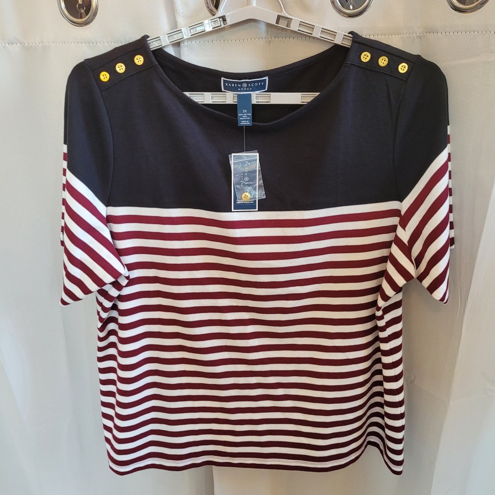 Karen Scott Womens Top 3X Elbow Boatneck Striped Gold Button Knit Nautical 21764